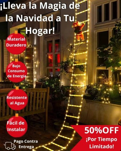 Escalera Luces de Navidad de Papá Noel - Incluye Escalera LED 2 mtr + Papa Noel de 30cm